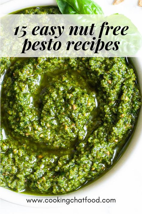 Nut Free Pesto Basil, Homemade Basil Pesto Recipe Nut Free, No Garlic Pesto, Pine Nut Substitute For Pesto, No Nuts Pesto Recipe, Easy Pesto Recipe Without Pine Nuts Healthy, Sage Pesto Recipes, Pesto Recipe No Pine, Pesto Recipe Without Nuts Basil