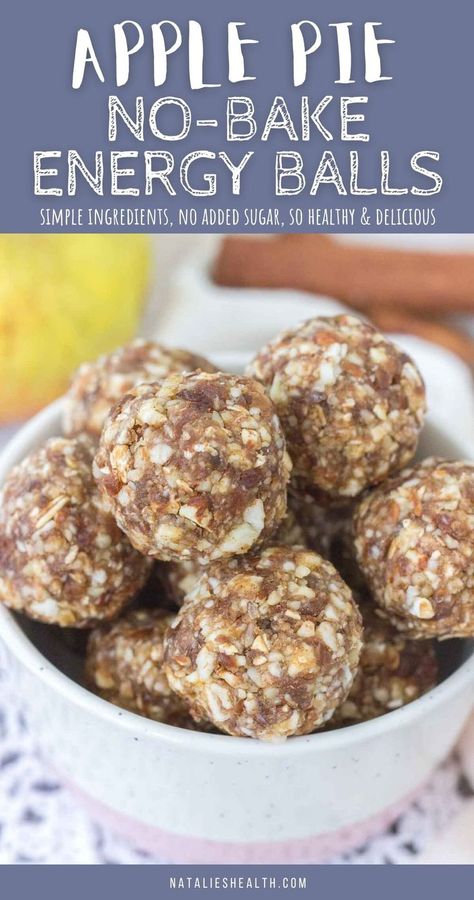 These Apple Pie Energy Balls are delicious little snacks They are sweet but made without added sugar. Packed with apples, walnuts, wholesome oats, and seasonal spices. Yum! + Energizing, and easy to make. And they taste just like little apple pies. Such a fantastic treat. ------ #apple #applepie #applepiesnack #applesnack #snack #snacks #healthysnacks #nobakeballs #energyballs #energybites #energysnack #energyballsnacks #energyballsrecipe Healhty Snacks, Healthy Peanut Butter Balls, Resep Vegan, Grain Free Cookies, Peanut Butter Energy Bites, Peanut Butter Balls Recipe, Apple Snacks, Peanut Butter Bites, Quick Healthy Snacks