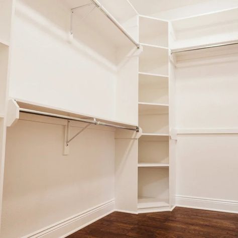 Angled Corner Closet - Photos & Ideas | Houzz Corner Shelf In Closet, Small Closet With Corner Shelves, Awkward Shaped Closet, Custom Closet Corner Ideas, Corner Closet Storage, Diy Corner Closet Shelves, Diy Corner Closet Ideas, Built In Corner Closet, Corner Closet Ideas Small