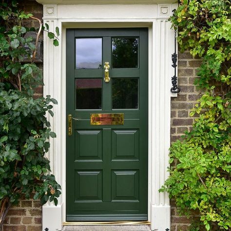 The new front door really is a statement piece, and has added an extra level of beauty to this stunning countryside property Outside Door Decor, Front Door Options, Front Door Knocker, Green Front Door, Brass Door Hardware, Green Front Doors, Farmhouse Renovation, Building Front, Gorgeous Doors