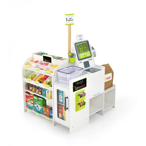 Interactive Supermarket Play CenterExperience the magic of imaginative play with this wooden supermarket play center. It's packed with 85 fully detailed accessories and 4 realistic battery-operated features to ensure hours of fun. The play set includes an electronic self-service checkout with 18 separate buttons, each with its own voice command, providing a realistic shopping experience.Realistic FeaturesTake playtime to the next level with the play center's electronic checkout scanner, battery-operated price scanner, and sound function payment device. It even comes with 2 interactive magnetic payment cards, adding to the authenticity and fun. This educational grocery store is perfect for both boys and girls, inspiring their imagination and encouraging active play.Handmade Wooden Accessori Kids Grocery Store, Pretend Grocery Store, Kitchen Playsets, Drinks Fridge, Kids Play Set, Wooden Knife, Play Sets, Play Money, Organization Furniture