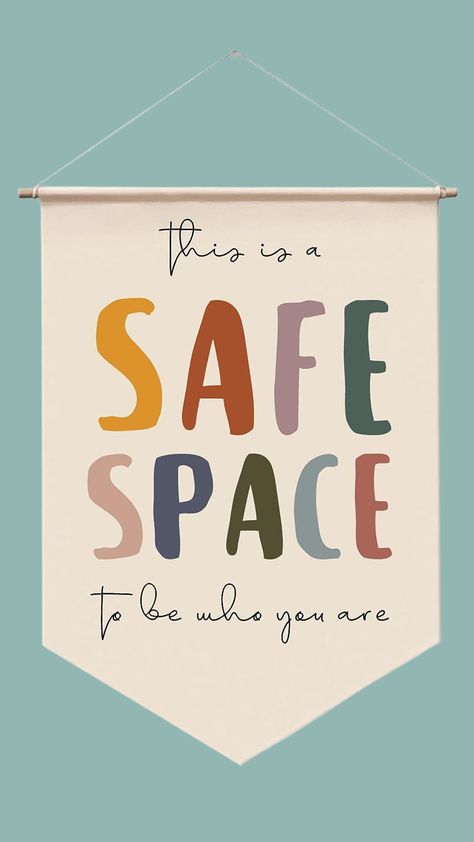 This is a safe space to be who you are! Celebrating diversity and inclusion at school is so important! Teachers, this sign is a cute and simple way to let children know that their classroom is a safe and loving place where they can be themselves. Show your students that you always support them and their individuality! #amazonassociate #commissionsearned Counselling Room, School Counselor Office, Counselor Office, Counseling Office, Therapist Office, Inclusion Classroom, Hiasan Bilik, Therapy Office, Wall Banner