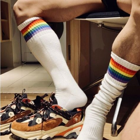 Pieces: Set Socks Tube Height: High Tube Thickness: Standard Gender: Men Sock Type: Casual Material: Cotton Material: Polyester High: Crew Long White Socks, Mens Sports Socks, Rainbow Socks, Football Socks, Socks Men, Rainbow Party, Comfortable Socks, White Rainbow, Muscular Men