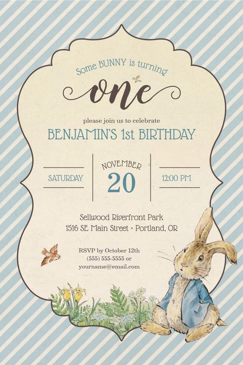 Peter Rabbit First Birthday Party Invitations for Boys Circus Birthday Invitations, Baby Boy Invitations, Peter Rabbit Birthday, Peter Rabbit Party, 1st Birthday Party Invitations, Baby Boy First Birthday, Boy Birthday Invitations, Rabbit Baby