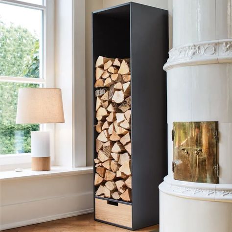 Indoor Log Storage, Gas Fireplace Makeover, Fireplace Hearth Tiles, Firewood Stand, Firewood Storage Indoor, Hearth Tiles, Range Buche, Firewood Holder, Brick Fireplace Makeover