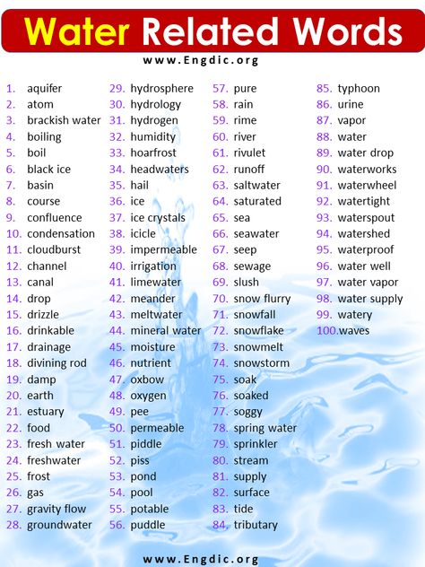 Water Related Words List, Water Words List Water is the most abundant substance on Earth, but it is not available in large amounts in any one place. Some places have many water sources, while others have few. Water is essential to life. It covers nearly three-quarters of the Earth’s surface and is in the air we breathe. Water is a solvent that dissolves many substances. It is also a lubricant that helps reduce friction between moving parts. Water changes into vapor at boiling points and fr Water Words, Words List, White Instagram, Black And White Instagram, Water Boiling, Water Sprinkler, Boiling Point, Water Wheel, Water Sources