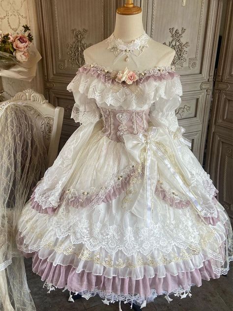 Sweet Lolita Dress Polyester Short Sleeves Dress - Lolitashow.com Lace Prom Dresses With Sleeves, White Pretty Dress, Winter Fairy Dress, Loltia Outfits, Lace Made Dress, Cutecore Dresses, Cute Fantasy Dress, Fansty Dresses, Pretty Wedding Dresses Princesses