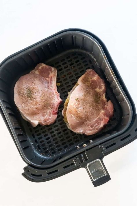 How to cook stuffed pork chops in the air fryer using boxed stuffing or dressing. It's simple and uses thick bone-in pork chops! Air Fryer Fast Fry Pork Chops, Pork Shop In Air Fryer, Air Fryer Loin Chops, Breakfast Pork Chops In Air Fryer, Think Pork Chops In Air Fryer, How Long To Air Fry Pork Chops, How Long To Cook Pork Chops In Air Fryer, Easy Air Fryer Pork Chops Boneless, Baked Pork Chops In Air Fryer