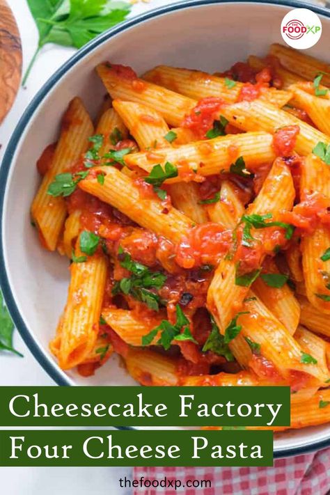 This Copycat Cheesecake Factory Four Cheese Pasta is super easy to prepare. This pasta makes a great lunch or dinner meal when looking for something quick and easy. Just click on the link available here! #cheesecakefactoryfourcheesepasta #cheesecakefactoryfourcheesepastarecipe #cheesecakefactoryrecipes #fourcheesepastarecipes #copycatrecipes Cheesecake Factory Four Cheese Pasta, Copycat Cheesecake Factory, Four Cheese Pasta, Cheese Pasta Bake, Cheese Pasta Recipes, Cheesecake Factory Recipes, The Cheesecake Factory, Quick Pasta, Dinner Meal