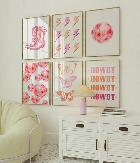 Enhance the aesthetic appeal of your space with our Pink orange trendy wall art set. It is perfect for elevating the ambiance of your place with our thoughtfully curated printable wall art for dorm room decor. The instant download gives you the flexibility to customize the size, frame, and material according to your personal taste and space, ensuring a perfect fit for your walls. This print is crafted with the utmost attention to detail, ensuring a high-resolution image (300 DPI) that bring your walls to life and warmth as dorm wall decor, pink orange wall art, western decor, retro poster, eclectic room decor, trendy wall art, aesthetic poster, room decor for teens, cowgirl print, y2k room decor, funky art print and retro wall art. ✨ PLEASE NOTE This is a DIGITAL DOWNLOAD, and no physical Pink Dorm Rooms, Y2k Room Decor, Preppy Prints, Pink Dorm, Western Posters, Appartment Decor, Dorm Wall Decor, College Apartment Decor, Orange Wall Art