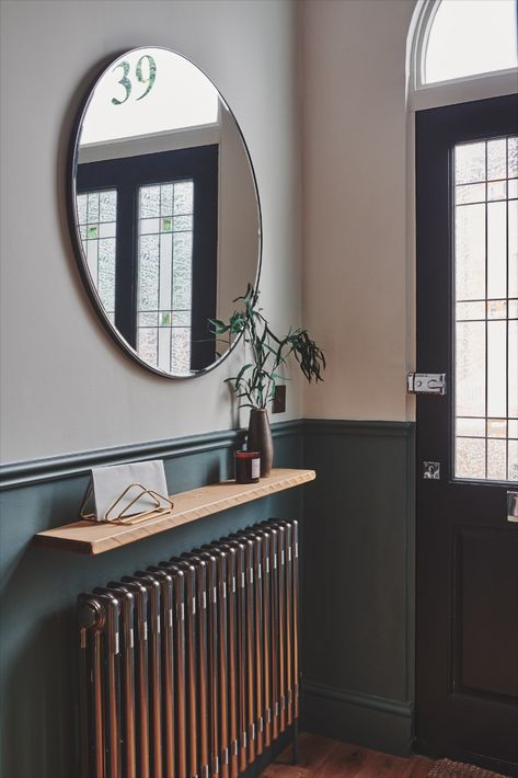 half painted wall dado rail blue hallway modern hallway design floating shelf console table cast iron radiator french bull dog Half Painted Wall, Modern Hallway Design, Stairs And Hallway Ideas, Wooden Paneling, Half Painted Walls, Hallway Paint, Victorian Hallway, Hallway Colours, Green Hallway