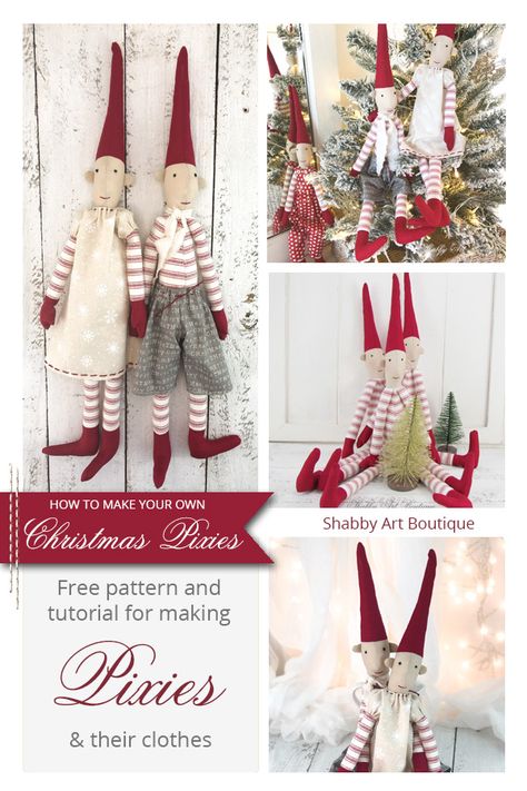 Christmas Gnome Sewing Patterns, Christmas Pixies Free Pattern, Christmas Elf Sewing Pattern, Maileg Sewing Pattern, Tilda Doll Patterns Free, Elf Sewing Pattern, Pixie Clothing, Hats And Boots, Maileg Christmas