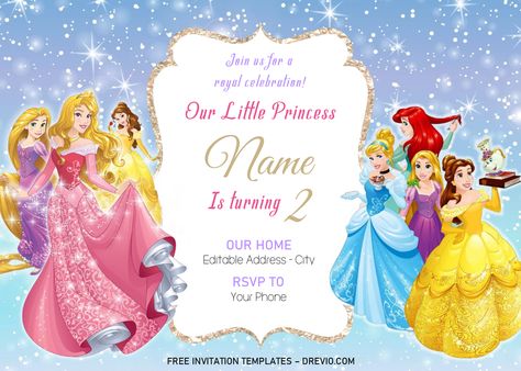 Nice Disney Princess Invitation Templates - Editable With MS Word Why do we need to celebrate birthdays?       Celebrating your kids’ birthday will not only give memorable gift to the kids, but also provides a great way for kids to socialize, interact and engage wit... Disney Princess Invitations, Princess Birthday Party Invitations, Princess Party Invitations, Princess Baby Shower Invitation, Princess Invitation, Disney Princess Birthday Party, Princess Theme Birthday, Tema Disney, Princess Birthday Invitations