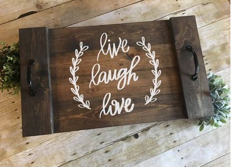 Live Laugh Love Serving Tray with Handles | Hand-painted Wood Serving Tray| Farmhouse Serving Tray | Farmhouse Serving Trays, Noodle Board, Stove Top Cover, Serving Tray Decor, Kitchen Wood, Serving Tray Wood, Table Cafe, Rustic Kitchen Decor, Kitchen Decor Items