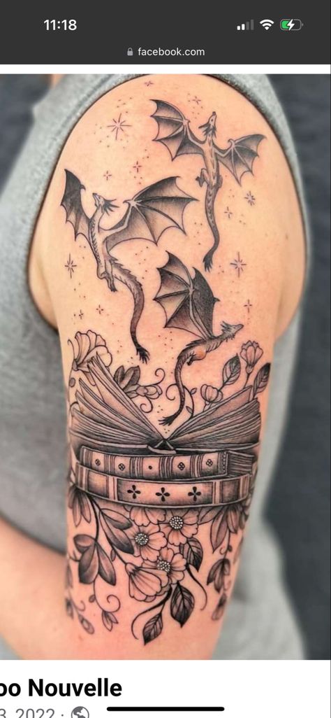 Wolf And Book Tattoo, Nerdy Sleeve Tattoos For Women, Literature Sleeve Tattoo, Fantasy Half Sleeve Tattoo, Dragons And Books Tattoo, Enchanted Sleeve Tattoo, Books Tattoo Sleeve, Fairytale Inspired Tattoos, Book Leg Sleeve Tattoo