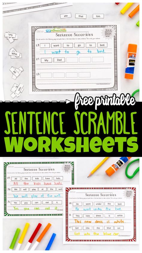 Help kids practice building sentences with sentence scramble! The free printable sentence scramble worksheet pack allows kindergarten, first grade, and 2nd graders to practice building sentences one-word-at-a-time. Each of the  Scrambled sentences worksheet cut and paste have a word with a capital letter and a word that ends with punctuation for children to unscramble. The Unscramble Sentences Worksheet pages include  pre-primer and primer sight words to make it easy for children to read the ... Free Sentence Pyramids, Scrambled Sentences Worksheet, Unscramble Sentences, Sentence Unscramble, Sentence Building Worksheets, Sentences Kindergarten, Types Of Sentences Worksheet, Sentences Worksheet, Building Sentences