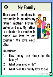 Teacher Fun Files: Reading Passages about Family | Comprehension Questions Short Story About Family, My Family Essay For Grade 1, Comprehension For Grade 1 With Questions, Family Paragraph, My Family Paragraph, Family Reading Comprehension, Reading Practice For Kids, Essay On My Family, Essay About Family