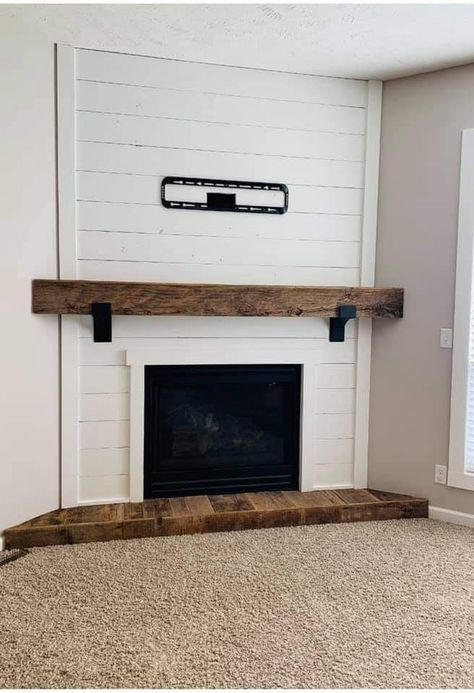 Faux Fireplace Diy Corner, Corner Built In For Tv Fireplace, Corner Mantle With Tv, Corner Fireplace Living Room Farmhouse, Diy Fireplace Corner Wall, Diy Corner Shiplap Fireplace, Diy Fireplace Tv Wall Corner, Faux Corner Fireplace With Tv, Corner Built In Fireplace And Tv Diy