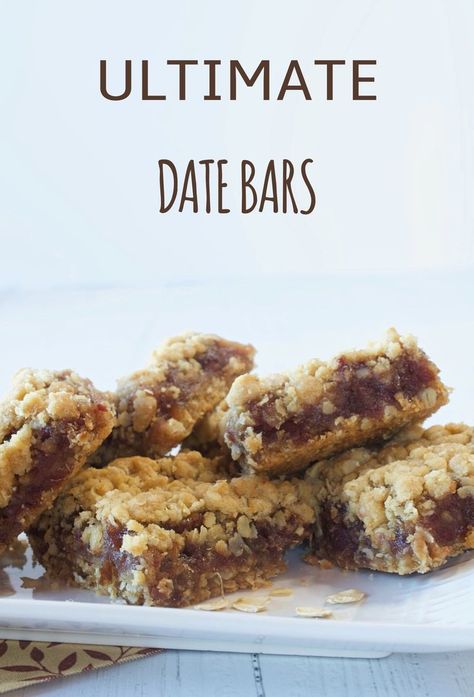 Homemade Date Bars on a white plate. Date Filling, Date Recipes Desserts, Oatmeal Crust, Date Bar, Date Cookies, Date Bars, Betty Crocker Recipes, Dessert Bar Recipe, Date Recipes