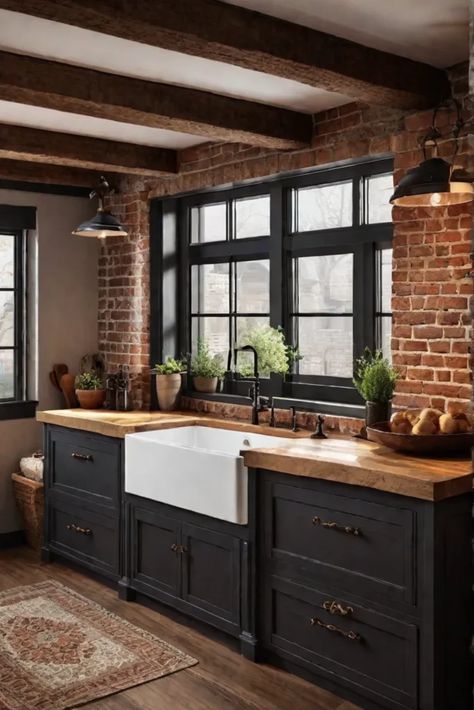 Rustic kitchen with exposed brick walls 1 Kitchen With Exposed Brick, Contemporary Rustic Kitchen, Exposed Brick Kitchen, Modern Cottage Kitchen, Brick Wall Kitchen, Charcoal Kitchen, Cottage House Interior, Brick Backsplash Kitchen, Luxury Kitchen Ideas