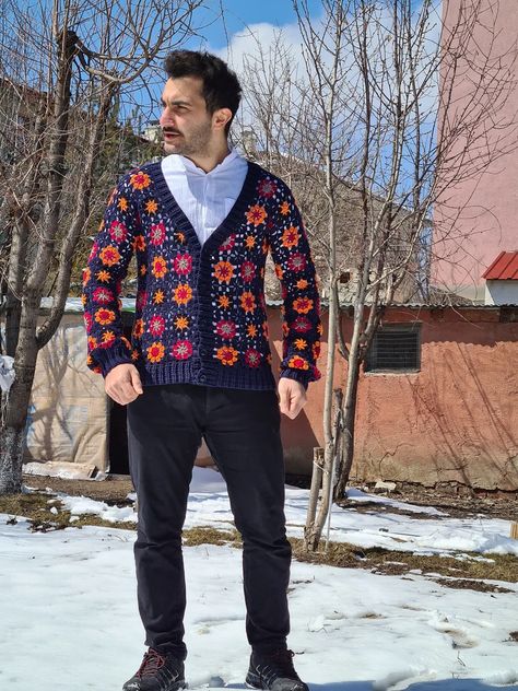 Vintage Crochet Men Sweater Afghan Crochet Cardigan Hand | Etsy Crochet Men Sweater, Granny Square Jacket, Cardigan Granny Square, Square Jacket, Crocheted Clothes, Man Dress, Crochet Men, Patchwork Cardigan, Knitted Afghans