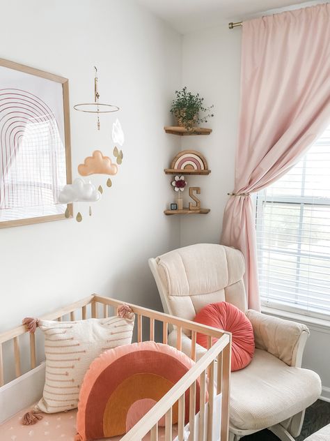 Pink Pastel Nursery, Boho Baby Nursery Pink, Boho Nursery Girl Pink, Nursery Over Crib Decor, Pastel Boho Nursery, Over The Crib Decor Girl, Boho Nursery Shelf Decor, Blush Pink Rainbow Nursery, Pink Boho Nursery Girl