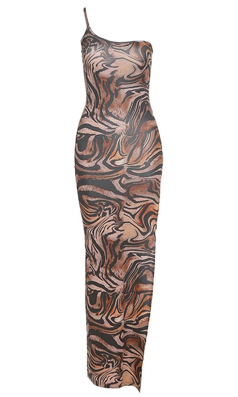 Brown tiger print-like, off the shoulder dress Coffee Dress, Versace On The Floor, Vanilla Iced Coffee, Long Lost Love, Indie Dresses, Swirl Dress, Bodycon Maxi Dresses, Cute Rompers, Lost Love