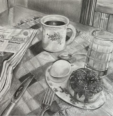 Breakfast scene, Pencil Breakfast Sketch, Dishes Drawing, Still Life Sketch, Higher Art, Collage Art Projects, Drawing Table, Doodles Drawings, Pencil Shading, Table Art