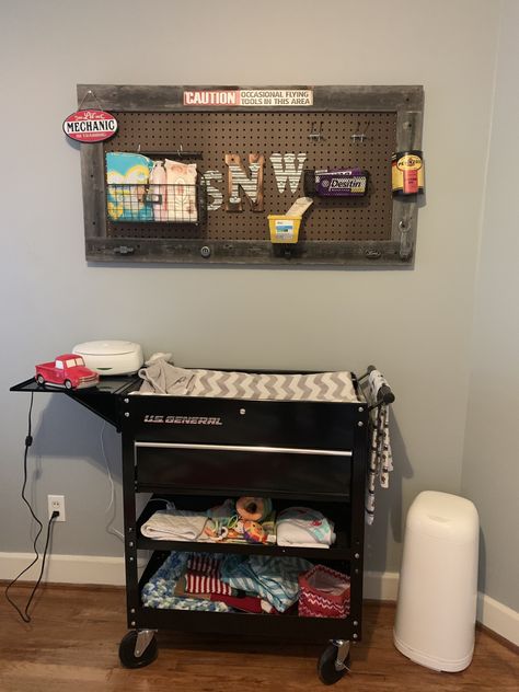 Fast And Furious Nursery, Mechanic Baby Nursery, Tool Box Changing Table Boy Rooms, Garage Theme Nursery, Mechanic Themed Nursery, Tool Box Changing Table, Car Nursery Ideas Boy, Mechanic Nursery Theme, Mechanic Nursery