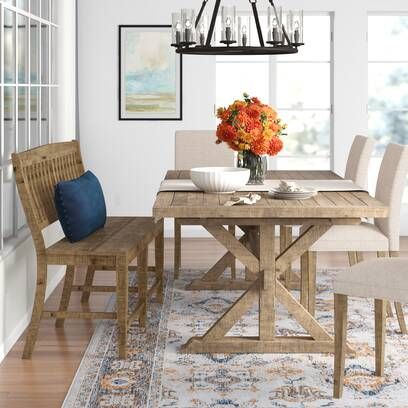 Sand & Stable Averie Extendable Pine Solid Wood Dining Set & Reviews | Wayfair Eat In Kitchen Dining Tables, White Kitchen With Dining Table, Boho Dining Room Table, Chairs For Farmhouse Table, Modern Coastal Dining Room, Coastal Dining Table, Light Brown Table, Wood Kitchen Table, Solid Wood Benches