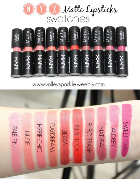 Nyx Matte Lipstick - 10 Shades | Swatches & Comparison Nyx Matte Lipstick Swatches, Nyx Swatches, Nyx Eyeshadow Palette, Nyx Matte Lipstick, Nyx Eyeshadow, Nyx Lipstick Matte, Nyx Matte, Nyx Butter Gloss, Nyx Lip