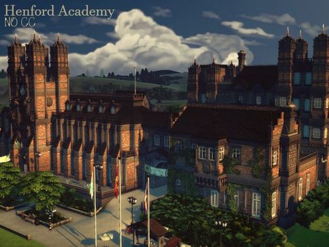 Dark Academia Building, Sims 4 Lots Residential, Ts4 Cc House, Castle School, Academia House, Dark Academia School, Ts4 Lots, Sims Lots, The Sims 4 Lots