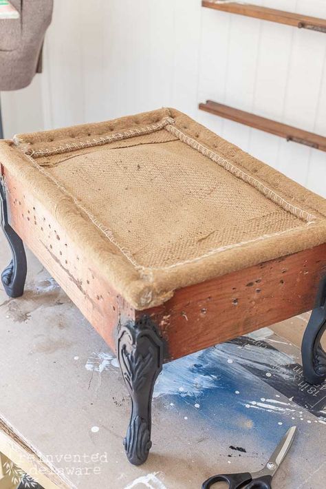 How To Upholster, Upholstered Footstool, Upcycled Furniture Diy, Upholstery Tacks, Vintage Farmhouse Style, Upholstery Diy, Carved Legs, Budget Friendly Decor, Fusion Mineral Paint