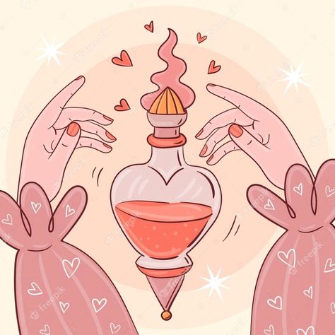 Love Spell Drawing, Love Potion Painting, Love Potion Illustration, Love Potion Aesthetic, Love Potion Drawing, Valentines Background Aesthetic, Magic Potion Illustration, Love Potion Tattoo, Self Love Potion