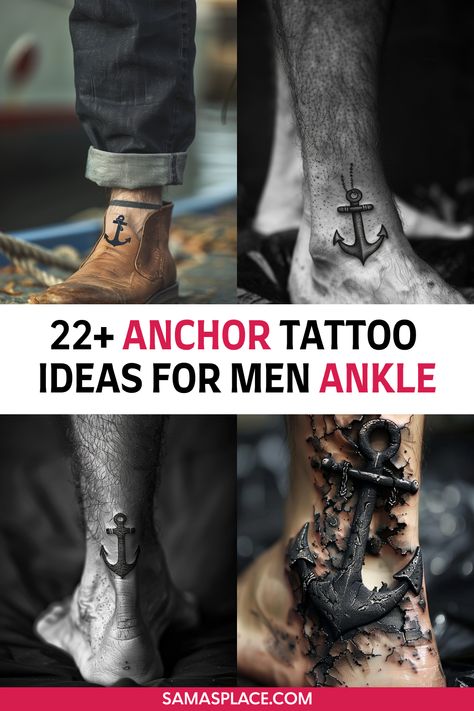 Small anchor tattoo on a man’s ankle, with minimalist design and clean lines for subtle style. Men’s Ankle Tattoo, Mens Ankle Tattoos, Anchor Tattoo Design For Men, Mens Calf Tattoo, Anchor Tattoo For Men, Anchor Tattoo Ideas, Simple Anchor Tattoo, Inner Ankle Tattoos, Ankle Tattoo Men