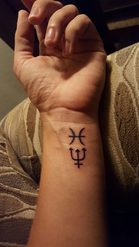 Astrology wrist tattoo, Pisces, Neptune, Poseidon, Trident Pices Tattoo Men, Tattoos For Pisces, Tattoo Ideas Fish, Pisces Tattoo Ideas, Pisces Constellation Tattoo, Trident Tattoo, Pisces Tattoo Designs, Pisces Tattoo, Pisces Tattoos