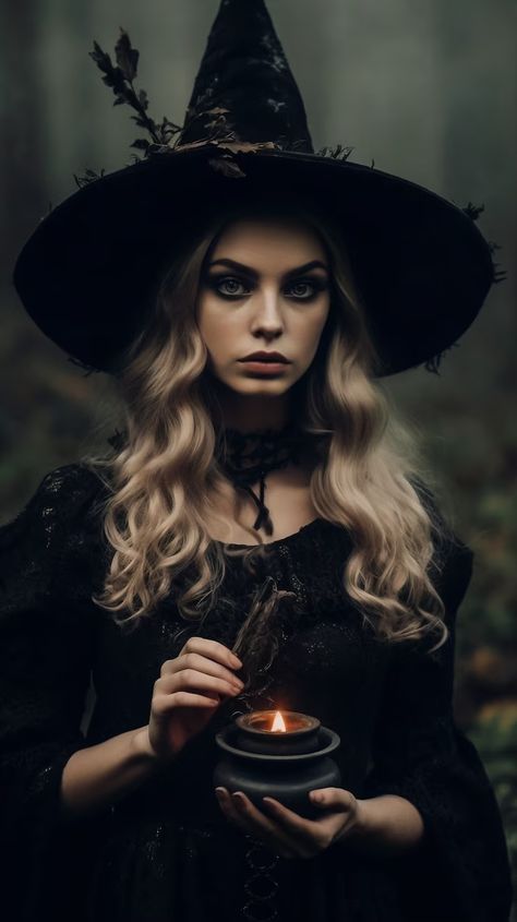 Free AI Image | View of daunting witch character Blonde Goth, Witch Photos, Witch Pictures, Witch Characters, Fantasy Witch, Beautiful Witch, Black Magic Woman, Witchy Fashion, Goth Women