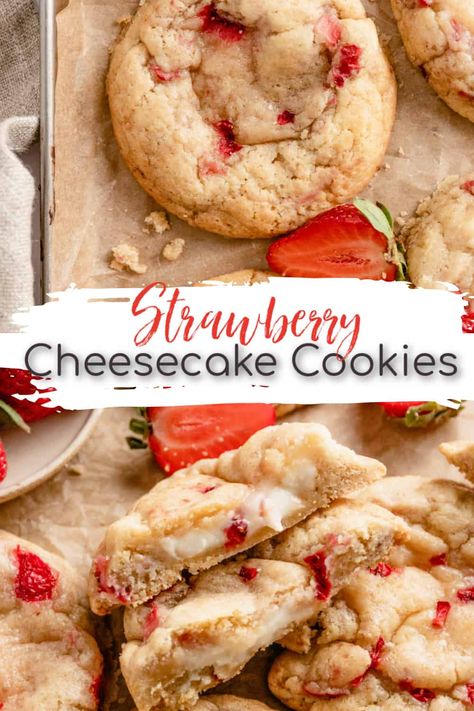 Indulge in the perfect combination of sweet and tart with strawberry cheesecake filled cookies. These treats feature chewy strawberry-infused cookies with a creamy cheesecake center, creating a delightful taste sensation. Trending Desserts 2024, Infused Cookies, Strawberry Cookie Recipe, Strawberry Cream Cheese Cookies, Strawberry Cheesecake Cookies, Cheesecake Cookies Recipes, Valentine Goodies, Easy Strawberry Cheesecake, Strawberry Dessert Recipes