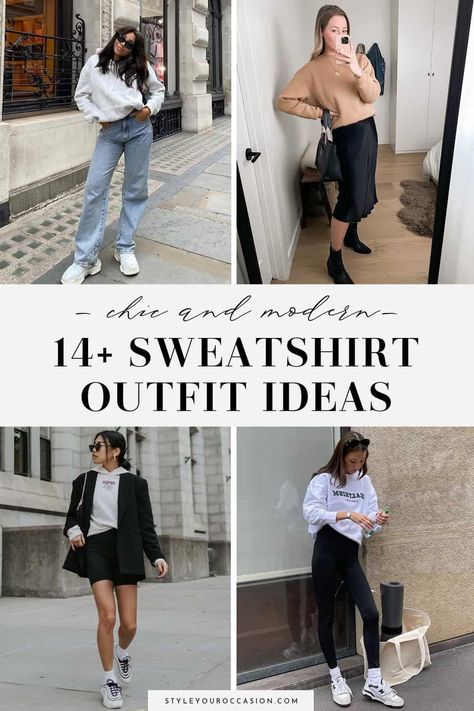 Looking for chic and modern sweatshirt outfit ideas? This list has it all; hoodie outfit ideas, layered looks, crewneck sweatshirt outfits, and oversized sweatshirt outfit ideas. You’ll love these street style aesthetic looks for women that can be worn in the winter, spring, summer, and fall. Dress Up Crew Neck Sweatshirt, Styling A Hoodie Women, Styling Crew Neck Sweatshirts, Elevated Sweatshirt Outfit, Dressing Up A Sweatshirt, How To Style Crew Neck Sweatshirts, Crew Sweatshirt Outfit, Cropped Sweatshirt Outfit Street Style, Collared Shirt Under Sweatshirt Outfit