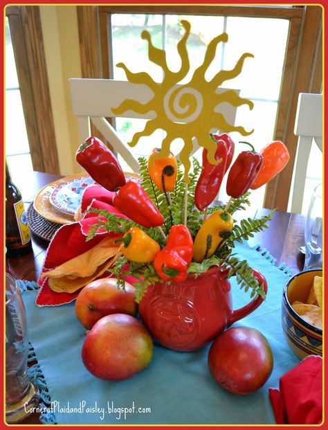 Corner of Plaid and Paisley: Cinco de Mayo Table- Hot Centerpiece! Adorable with real peppers and styrofoam cup instead of floral foam. Great idea. Party Decorations Flowers, Chili Party, Mexican Bridal Showers, Fiesta Table, Decorations Flowers, Mexican Table, Mexican Fiesta Party, Mini Sweet Peppers, Ladies Luncheon