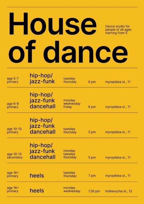 Schedule for a dance studio in swiss style. Get a creative website https://instagram.com/anastasia_web_d?utm_medium=copy_link Dance Studio Website, Dance Workshop Poster, Dance Studio Poster, Swiss Design Poster, Dance Schedule, Hip Hop Dance Studio, Dance Teacher Tools, Dance Poster Design, Dance Flyer