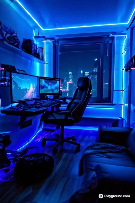 Streaming Room Aesthetic, Male Gamer Room, Blue Gamer Bedroom, Pc Setups Gaming, Dark Blue Game Room, Blue Gaming Room Setup, Cyberpunk Game Room, Dark Blue Gaming Setup, Guy Gaming Setup