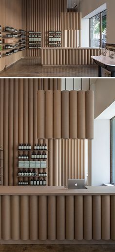 Modern store interior design ideas - Brooks + Scarpa designed this Aesop retail store in downtown LA that features 6 inch cardboard tube walls, furniture and fixtures. Store Interior Design Ideas, Furniture Store Interior Design, Furniture Store Interior, Aesop Store, Reka Bentuk Dalaman, Vitrine Design, Store Interior Design, Modern Store, Store Interiors