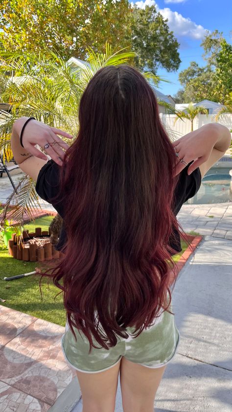 Burgundy Hair Long Layers, Burgundy Ends Hair, Long Dark Burgundy Hair, Burgundy Balayage Straight Hair, Long Maroon Hair, Brown Red Balayage Straight Hair, Dark Brown Hair With Red Ends, Dark Brown To Red Hair Before And After, Hair Dye Ideas Dark Brown