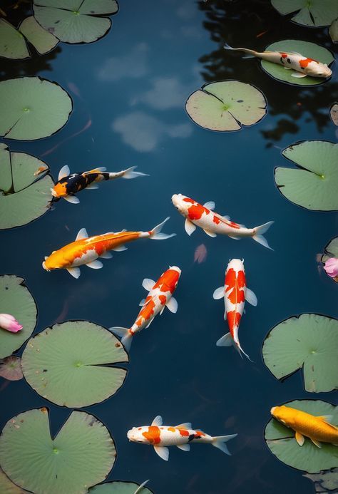 Colorful Koi Fish Swimming In A Vibrant Pond With Lotus Flowers And Lily Pads#pikbest##Photo Lotus Close Up, Koi Pond Photography, Koi Fish Reference Photo, Koi Fish Lily Pads, Koi Fish Photo, Koi Fish Photography, Koi Colors, Gouache Reference, Pond With Lily Pads