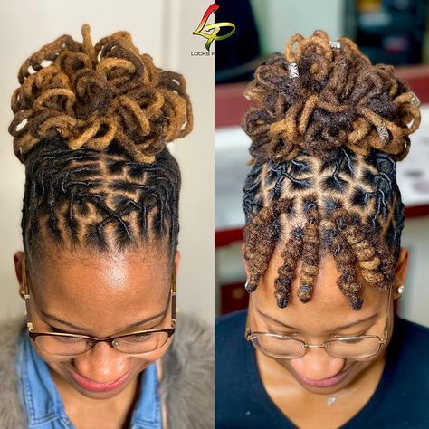 Loc Bun Styles Updo, Dread Locks Styles For Ladies, How To Style Locks Hairstyles, Loc Style Updo, Short Loc Updo, Loc Petal Styles, Dreadlocks Styles For Women Black, Updo Loc Styles, Dreadlocks Styling