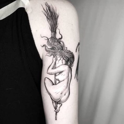 Witch On Broomstick Tattoo, Witch Riding Broom Tattoo, Witch Broomstick Tattoo, Black Magic Tattoo Ideas, Naked Witch Tattoo, Witch On Broom Tattoo, Moon Witch Tattoo, Tiny Witch Tattoo, Witch Tatoos