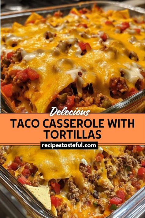 Taco Casserole with Tortillas combines the flavors of classic tacos into a convenient and satisfying layered casserole. Ground beef is seasoned with taco spices, layered with tortillas and cheese, and baked until bubbly and golden. Casserole With Tortillas, Taco Casserole With Tortillas, Layered Taco Bake, Taco Spices, Casserole Ground Beef, Beef Taco Casserole, Tortilla Bake, Tortilla Casserole, Traditional Thanksgiving Recipes