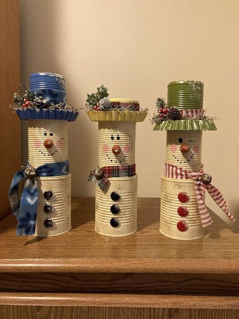 💲Dollar Tree Fanatics Crafts & Decor💲 | Just finished more snow people ☃️ Made from empty soup and vegetable cans that I get at Dollar Tree | Facebook Tim Can Christmas Crafts, Easy Snowmen Crafts, Can Snowman Craft, Christmas Crafts With Tin Cans, Tin Can Snowman Crafts, Tin Can Snowman, Can Snowman, Snowman Candles, Snowmen Crafts