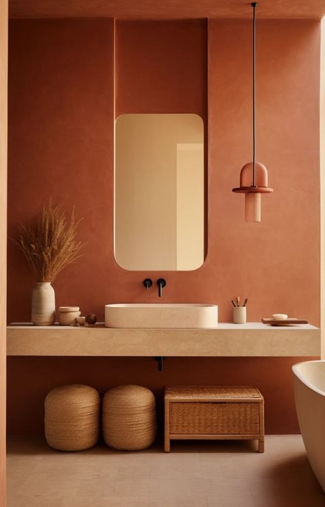 Terracotta bathroom: opt for this distinctive color -BCG Bathroom Terracotta Walls, Terracotta Design Interiors, Small Bathroom Aesthetic Ideas, Terracotta Bathrooms, Interior Design Terracotta, Bathroom Terracotta Floor, Terracotta Interiors, Terracota Decor, Terracotta Inspiration